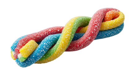 Close-up of a vibrant, colorful sour candy rope coated in sugar crystals on a black background