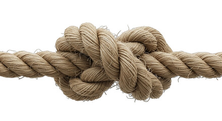 Close-up shows a tightly tied manila rope knot against black, evoking strength and nautical themes.