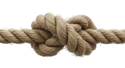 Close-up shows a tightly tied manila rope knot against black, evoking strength and nautical themes.