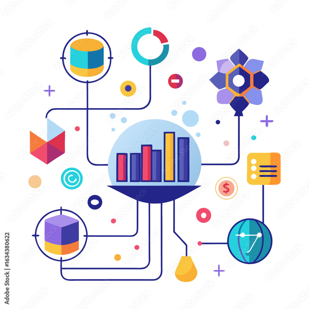 Poster data analysis and network connection illustration isolated on white background