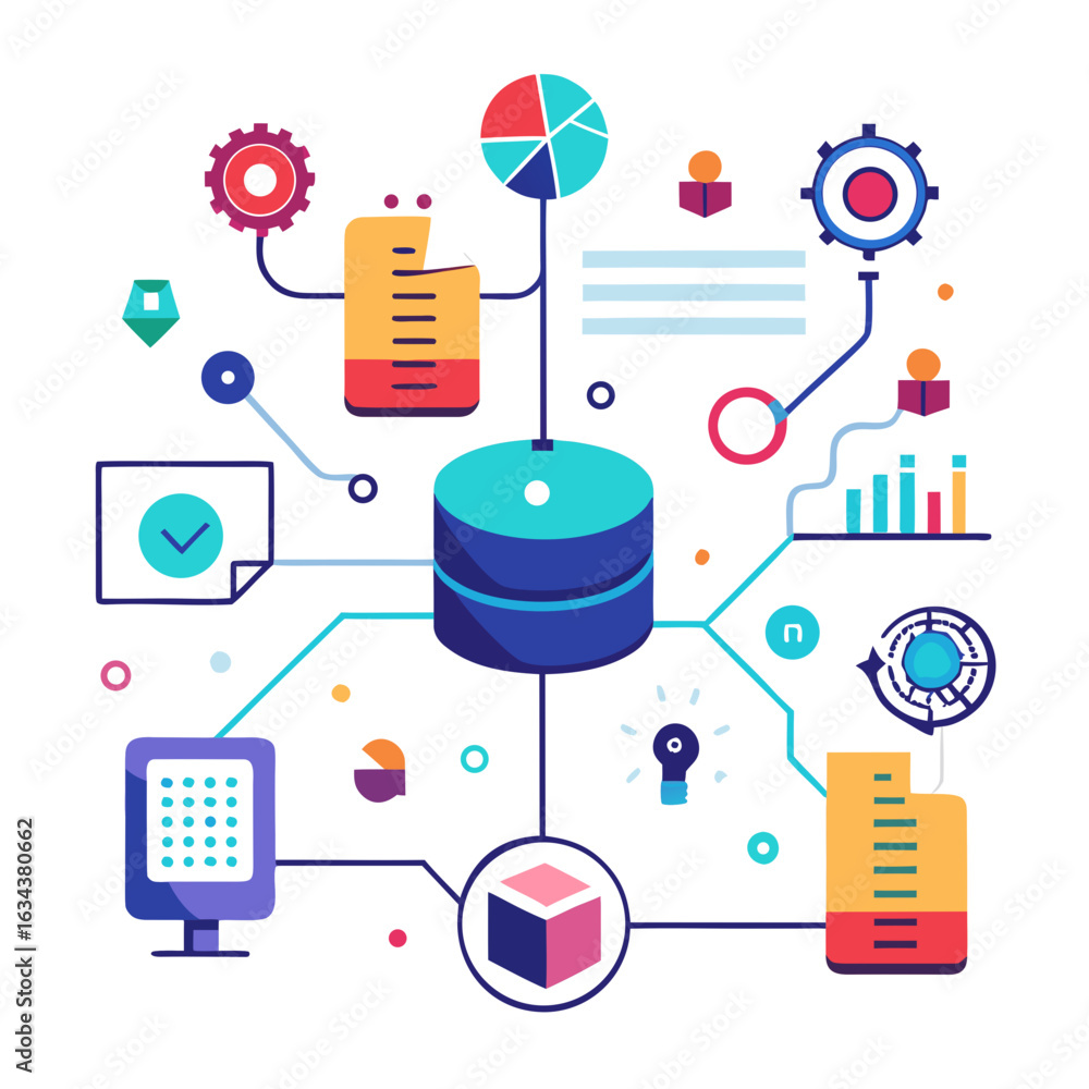 Aufkleber data management system with connected devices isolated on white background