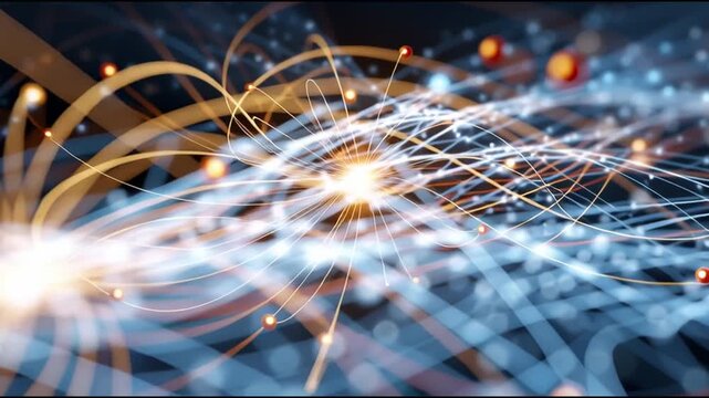 Quantum entanglement particles physics. Superposition research. Measurement science. Visualization of two entangled particles exchanging energy.