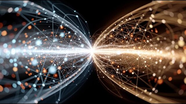 Quantum entanglement particles physics. Superposition research. Measurement science. Two entangled particles represented by abstract networks.