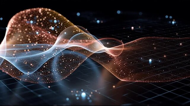 Quantum entanglement particles physics. Superposition research. Measurement science. Abstract visualization of entangled quantum particles in superposition.