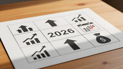 Fototapeta premium Planning for financial growth in 2026 with charts, calendar, and monetary goals.