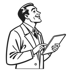 Smiling businessman using tablet isolated on white background, looking up