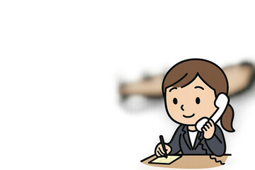 電話対応しながらメモを取る女性社員のイラスト（ビジネスシーン・会議室・ミニキャラ）