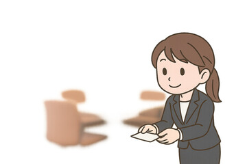 名刺交換する女性社員のイラスト素材（ビジネスマナー・商談・ミニキャラ）