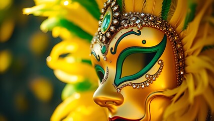 Golden-green feathered carnival mask with gemstones, representing Brazil Independence Day's festive luxury.