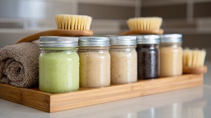 Spa Essentials: Natural Scrubs and Brushes for Relaxation and Rejuvenation in a Calm Bathroom Setting