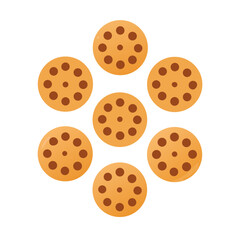 Seven chocolate chip cookies arranged in a circle isolated on white background