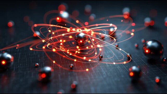 Quantum entanglement particles physics. Superposition research. Measurement science. Visualization of atomic structure with glowing orbits.