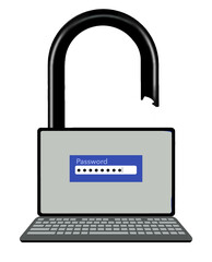 A laptop computer screen looks like a padlock that has just been opened with a password in a 3-d illustration about computer security.