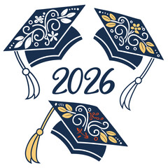 Elegant graduation caps with floral designs for the class of 2026 isolated on white background