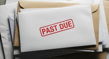 A stack of envelopes with one on top stamped with a red past due seal, symbolizing overdue bills and financial stress