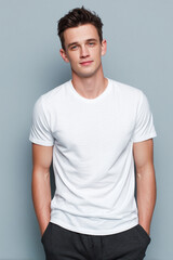 Fototapeta premium A beautiful male model wearing a tight small size white t-shirt. A product shot for fashion and apparel. best use for mockup