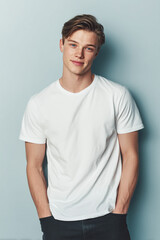 Fototapeta premium A beautiful male model wearing a tight small size white t-shirt. A product shot for fashion and apparel. best use for mockup