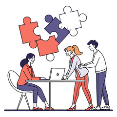 Team working together at a table to solve a puzzle isolated on white background