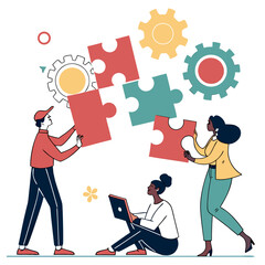 Teamwork and collaboration concept with people working together to solve a puzzle