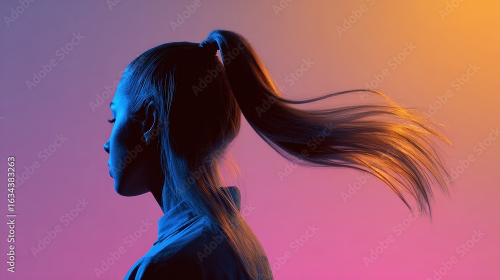 Poster ponytail sways gracefully against a vibrant gradient backdrop, creating a dynamic and lively atmosph