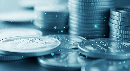 Stacks of shiny coins, representing financial growth and investment in a digital economy with a blue, abstract background