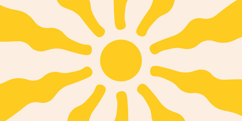 Groovy, hippie, retro sunny background. Abstract hand drawn doodle sunshine shapes in trendy childishly, naive art style. Contemporary summer poster, banner, vector template.