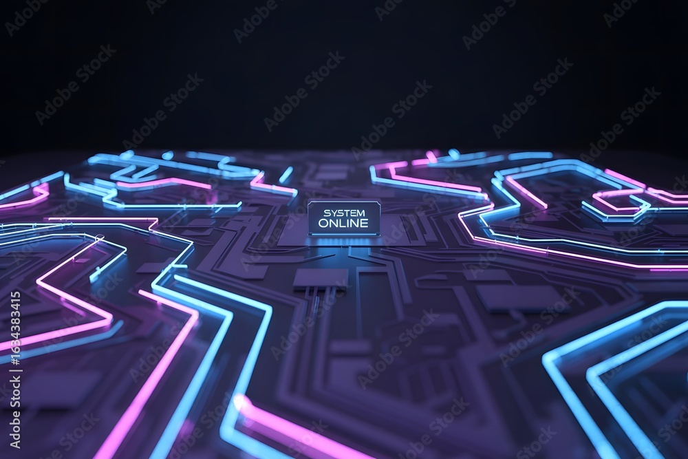 Poster a futuristic neon lit circuit board with a central processor and intricate wiring set against a dark
