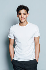 Obraz premium A beautiful male model wearing a tight small size white t-shirt. A product shot for fashion and apparel. best use for mockup