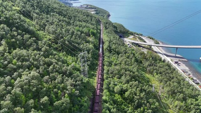 Aerial view of a freight train transporting iron ore from the mines in Kiruna, Sweden