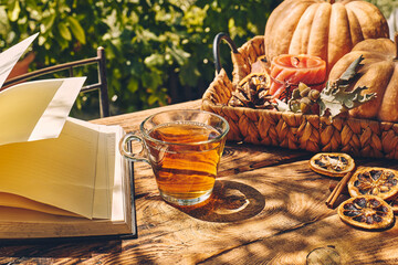 Cozy warm autumn composition with cup of hot tea, burning candle, open book and pumpkins on wooden...