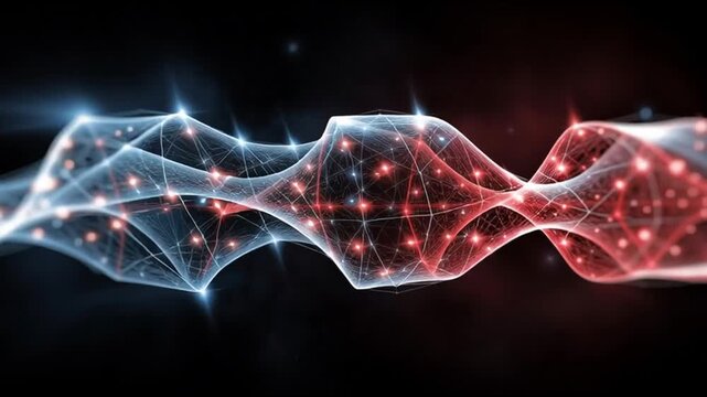 Quantum entanglement particles physics. Superposition research. Measurement science. Abstract visualization of entangled particles and quantum superposition.