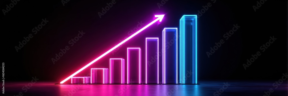 Aufkleber neon graph demonstrating steady growth with increasing bars and an upward arrow in a dark background