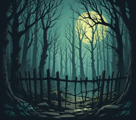 Naklejka premium Dark Forest at Night: A mystical scene of a dark forest at night with a full moon. A weathered fence stands in front of bare trees under the moonlight, casting an eerie and mysterious glow