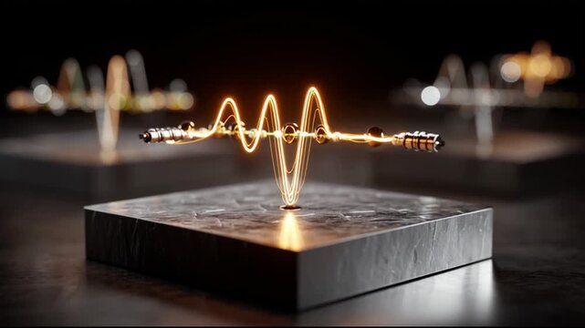 Quantum entanglement particles physics. Superposition research. Measurement science. Abstract glowing waveform connecting particles on a dark platform.