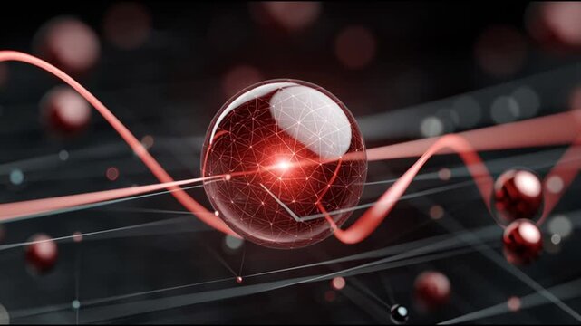 Quantum entanglement particles physics. Superposition research. Measurement science. Abstract visualization of entangled subatomic particles.