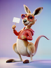 3D cartoon style smiling kangaroo with cool sunglassesand holding placard