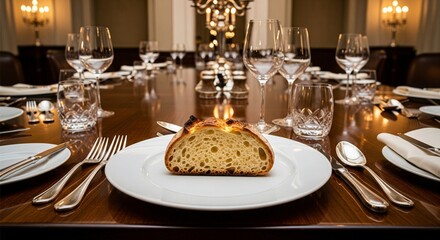 Fototapeta premium Plate with only a slice of bread in the middle of a lavish dining table