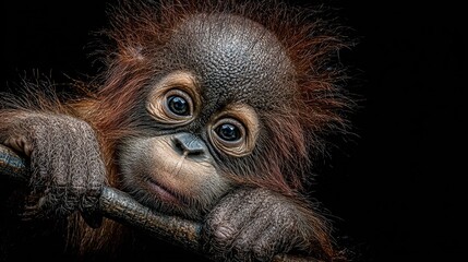 Close-up portrait of a young orangutan, its large, expressive eyes gazing directly at the viewer, resting its chin on a small branch against a stark black 