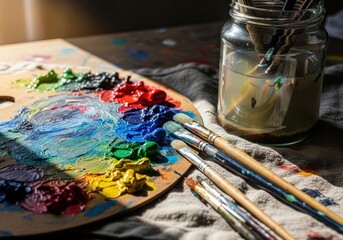 Obraz premium Painterly Palette with Vibrant Hues and Brushes