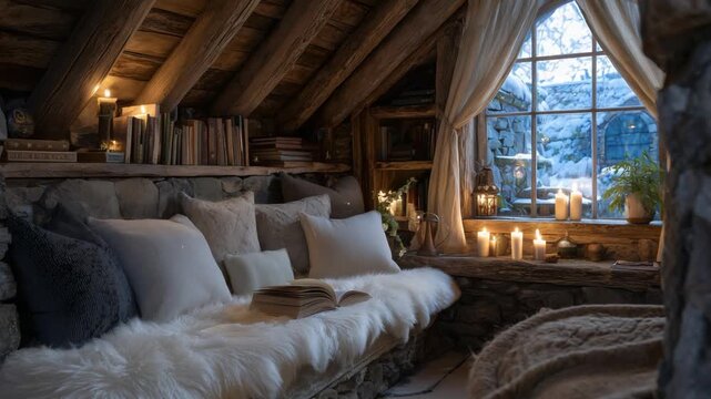 Cozy reading nook with rustic wood beams, linen cushions, sheepskin throws, and a warm glow from firelight and winter candles.