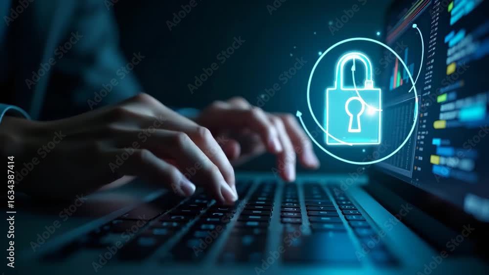 Poster user typing login password concept - cyber security, information security, data protection, encrypti