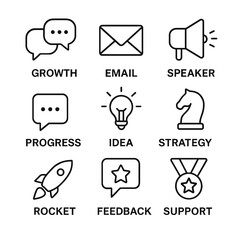 Fototapeta premium Business growth strategy progress idea email speaker rocket feedback support vector icons set for success