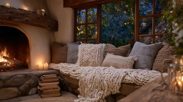Cozy Hygge reading nook with natural wood, warm firelight, earth-toned cushions, a chunky knit blanket, and candlelight ambiance.