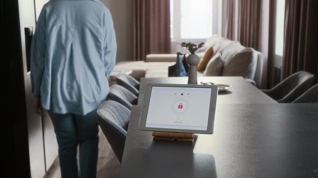 Close up shot of woman switching on home security system via tablet with lock icon flicking from green to red and walking away, copy space