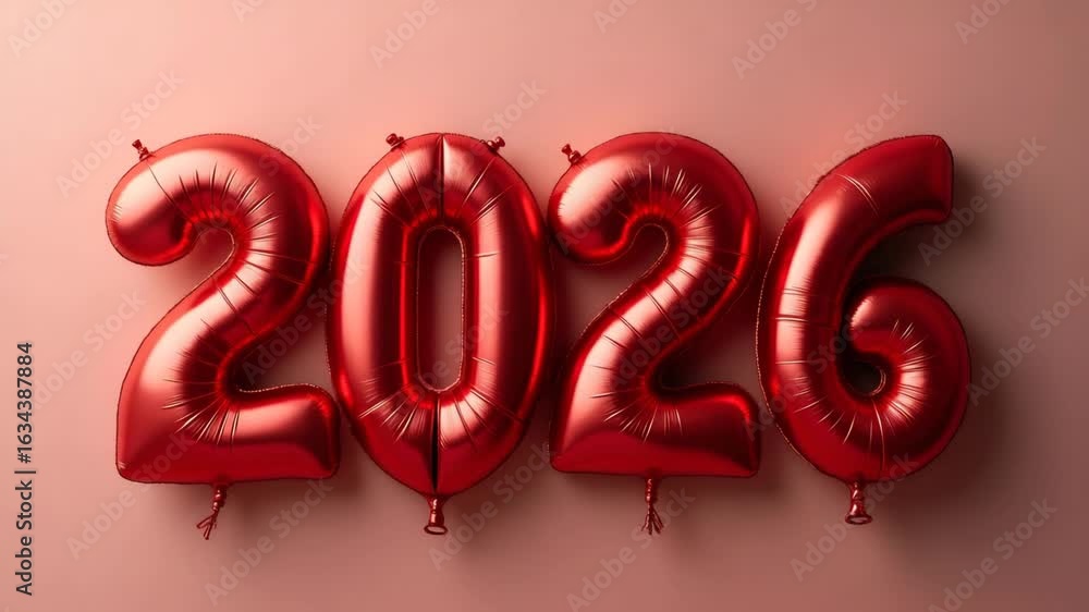 Poster 2026 and happy new year on red heart shaped balloons - new year holiday countdown concept with empty
