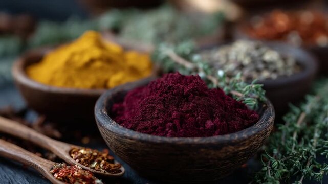Discover the vibrant allure of handcrafted clay bowls brimming with colorful spices like paprika, turmeric, cumin, and chili flakes, complemented by fresh herbs.
