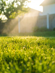 Serene Morning Yard with Lush Green Grass, Soft Mist, and Golden Sunlight