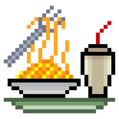 Pixel art of noodles on a plate with a fork on a tray and a drink cup
