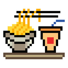 Pixel art of noodles in a bowl with chopsticks on a tray and a drink cup