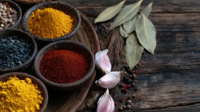 Rustic tabletop display featuring clay bowls of vibrant spices, complemented by scattered bay leaves and garlic cloves.
